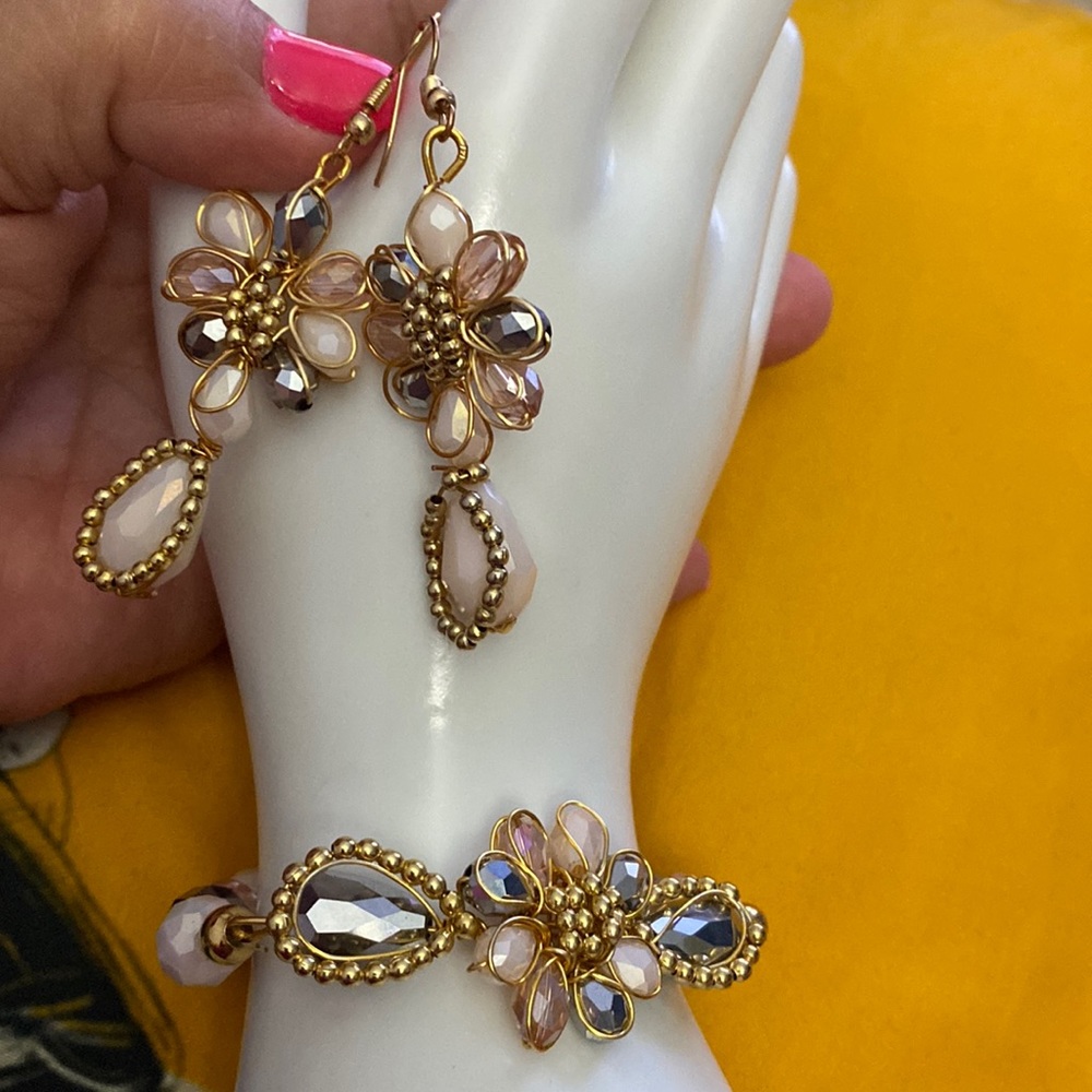 Set artisanal, crystal ,bracelet and ring pink color